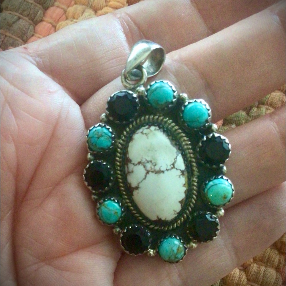 Sterling Silver Wild Horse, Turquoise & Black Onyx Stone Pendant Necklace!